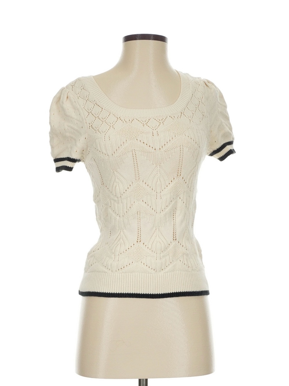Mauve Cream Openwork Scoop-Neck Sweater with Black Trim